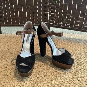 Black and Gold Suede Prada Platform Heels